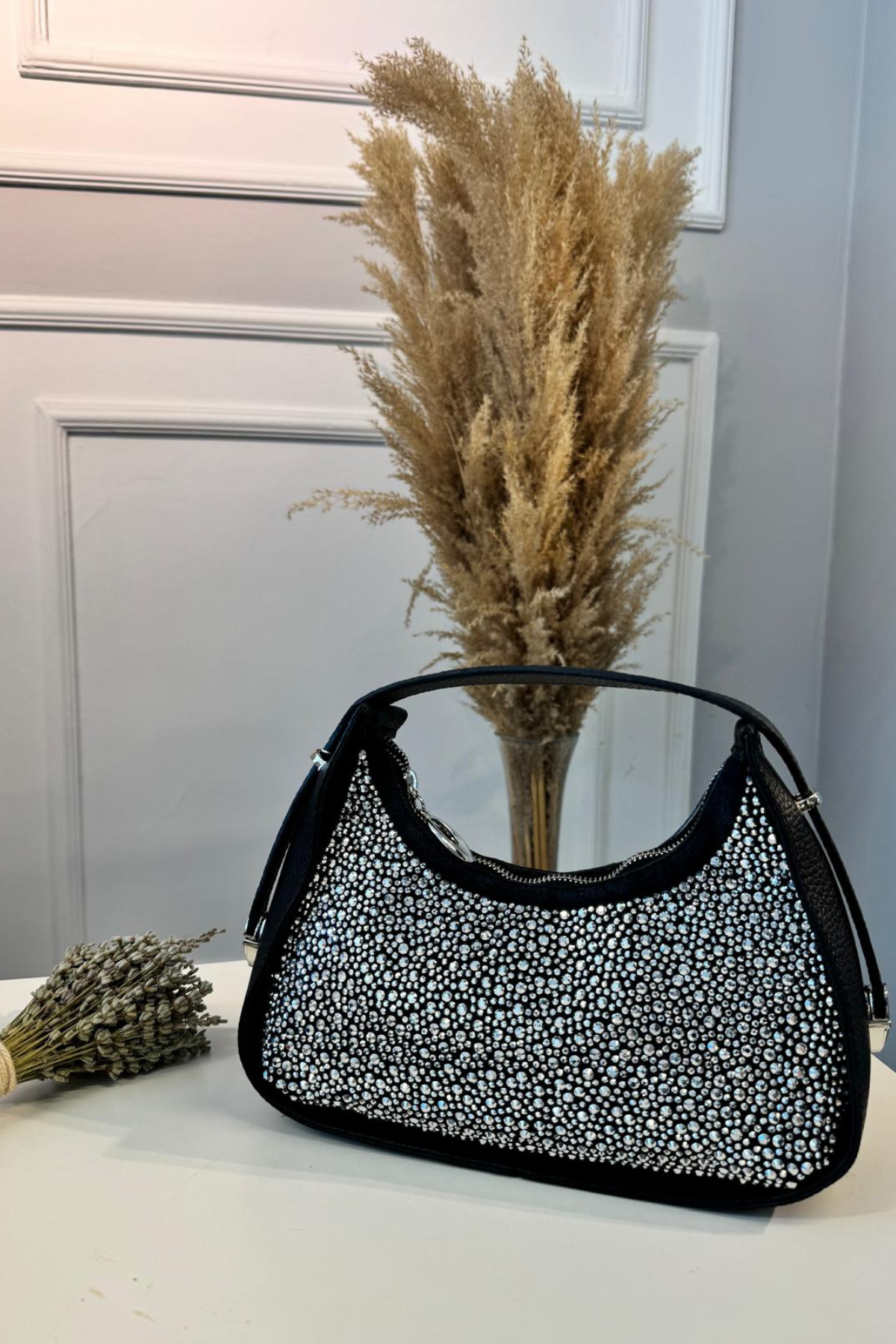 Gerçek Deri Serpme Taşlı El Çantası Siyah