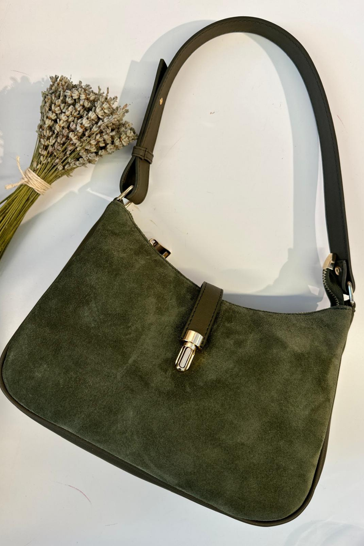 Gerçek Deri Toka Detaylı Omuz Çantası Haki Yeşil