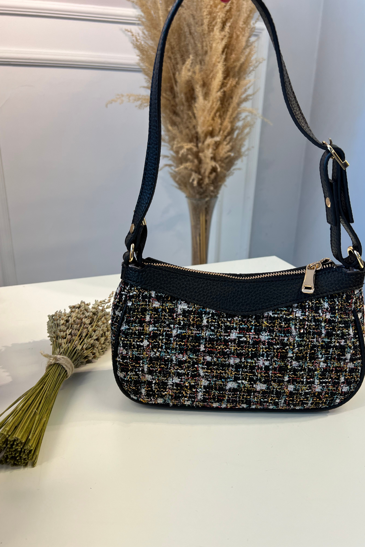 Gerçek Deri Tüvit Baget Çanta Siyah Desenli