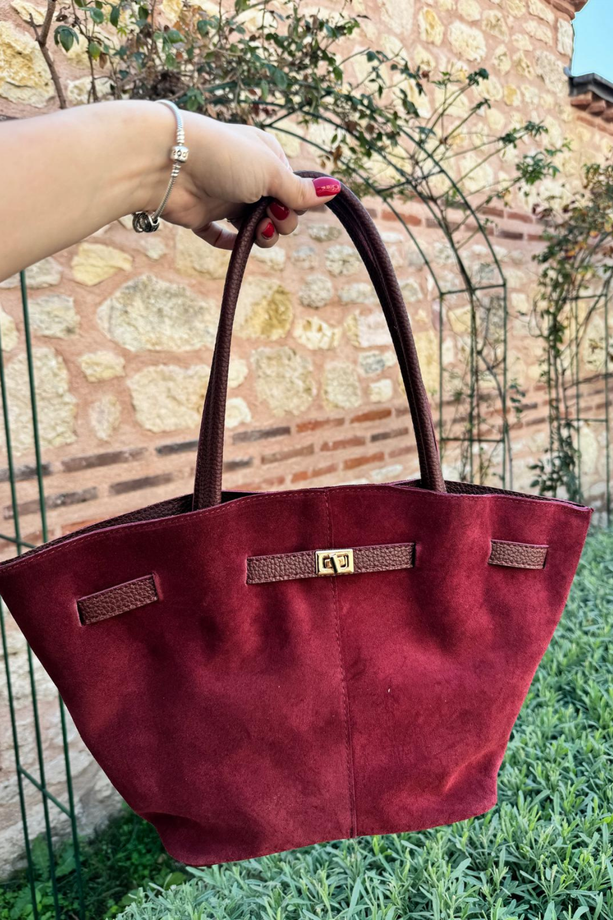 Gerçek Süet Deri Toka Detaylı Maxi Çanta Bordo