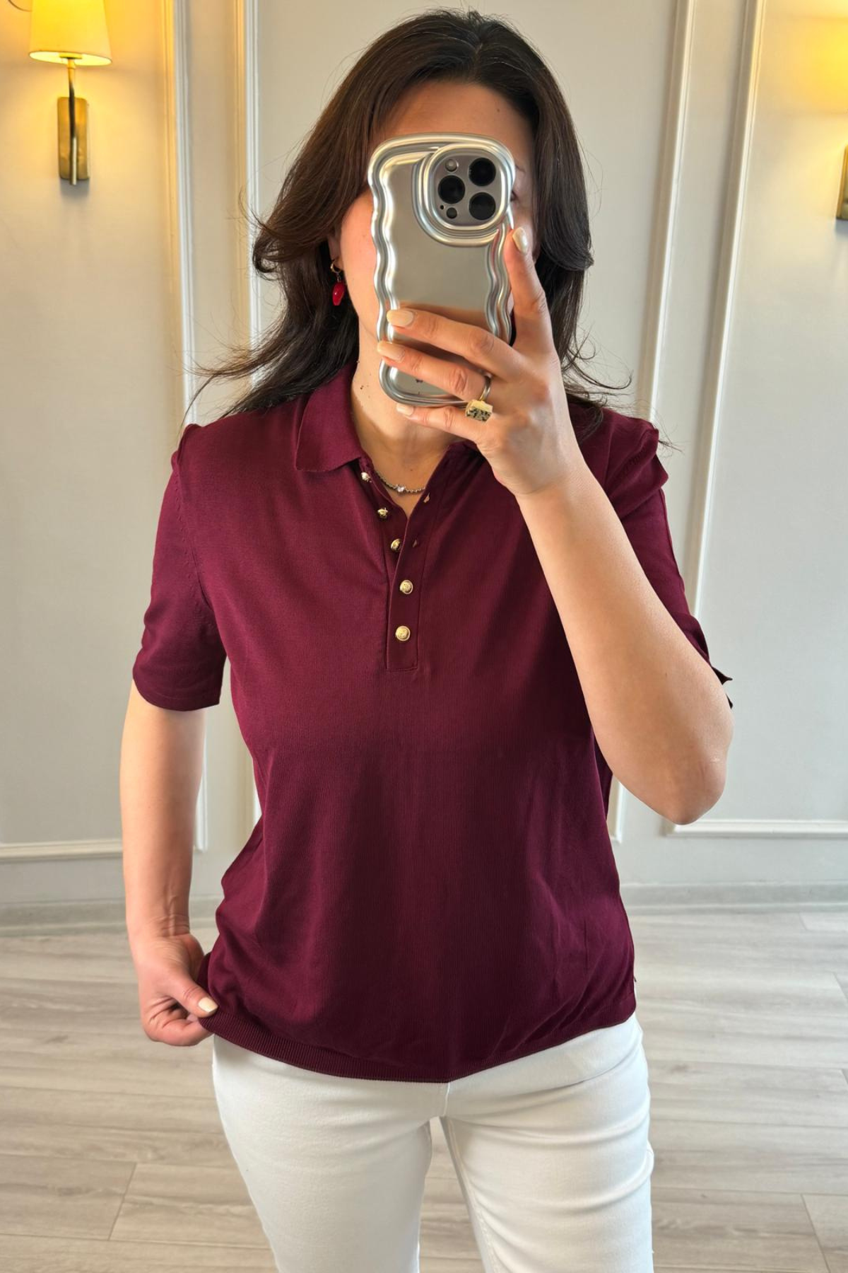 Gold Düğmeli İnce Merserize Bluz Bordo