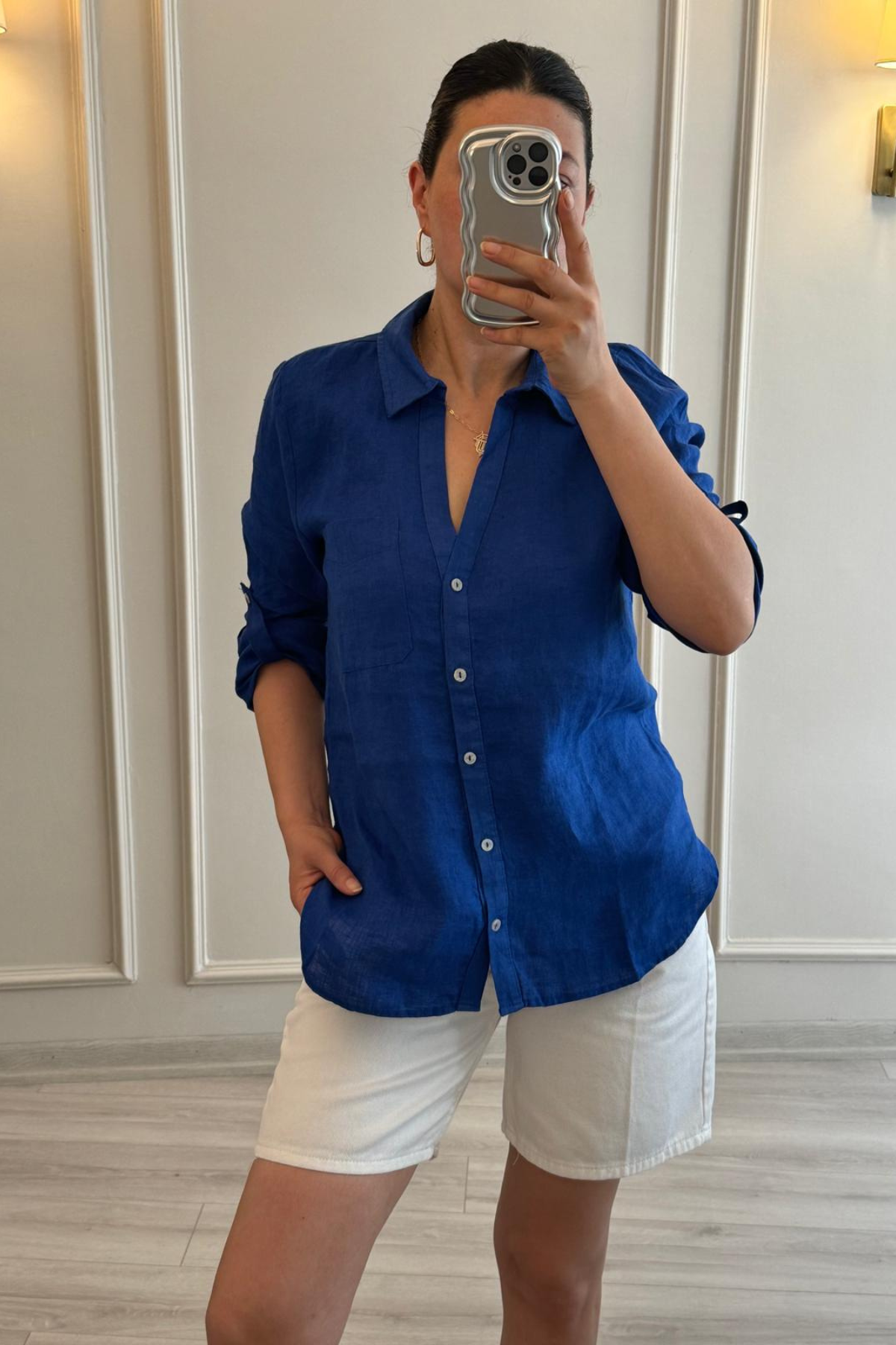 Ham Keten Gömlek Saks Mavi