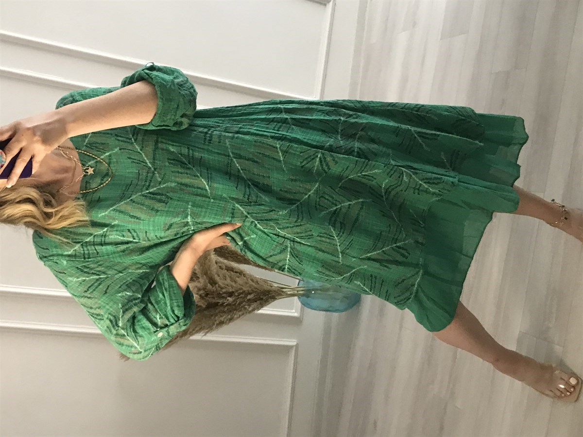 İtalyan Keten Yaprak Desen Elbise Yeşil