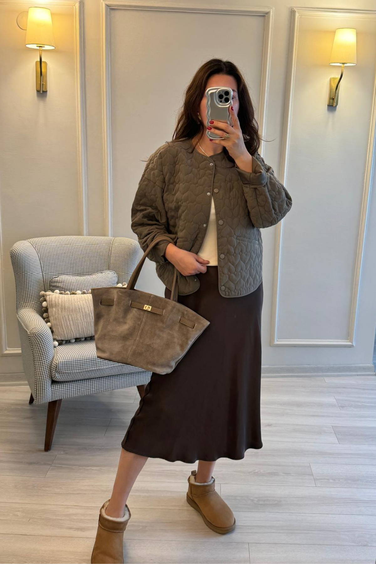 Kalp Nakışlı Oversize Kapitone Mont Haki Yeşil