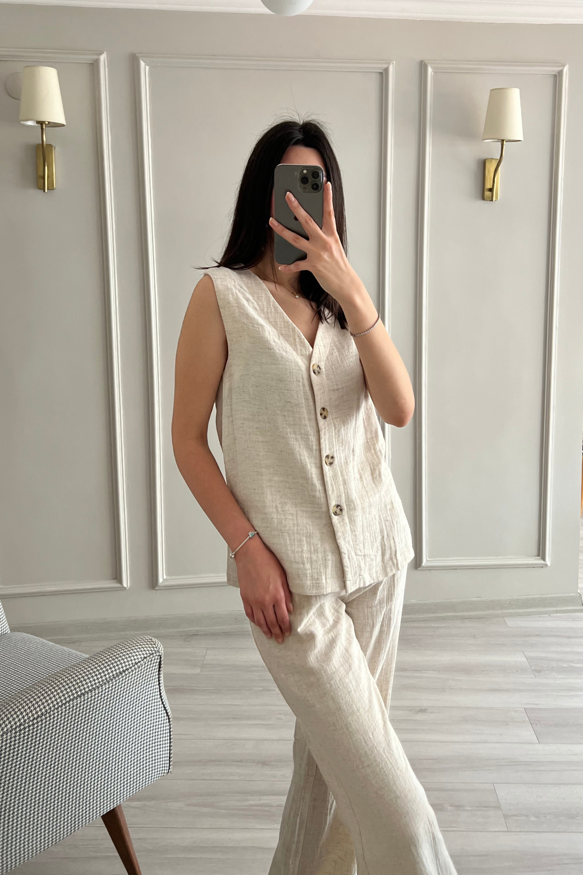 Keten Yelek Pantolon Takım Bej