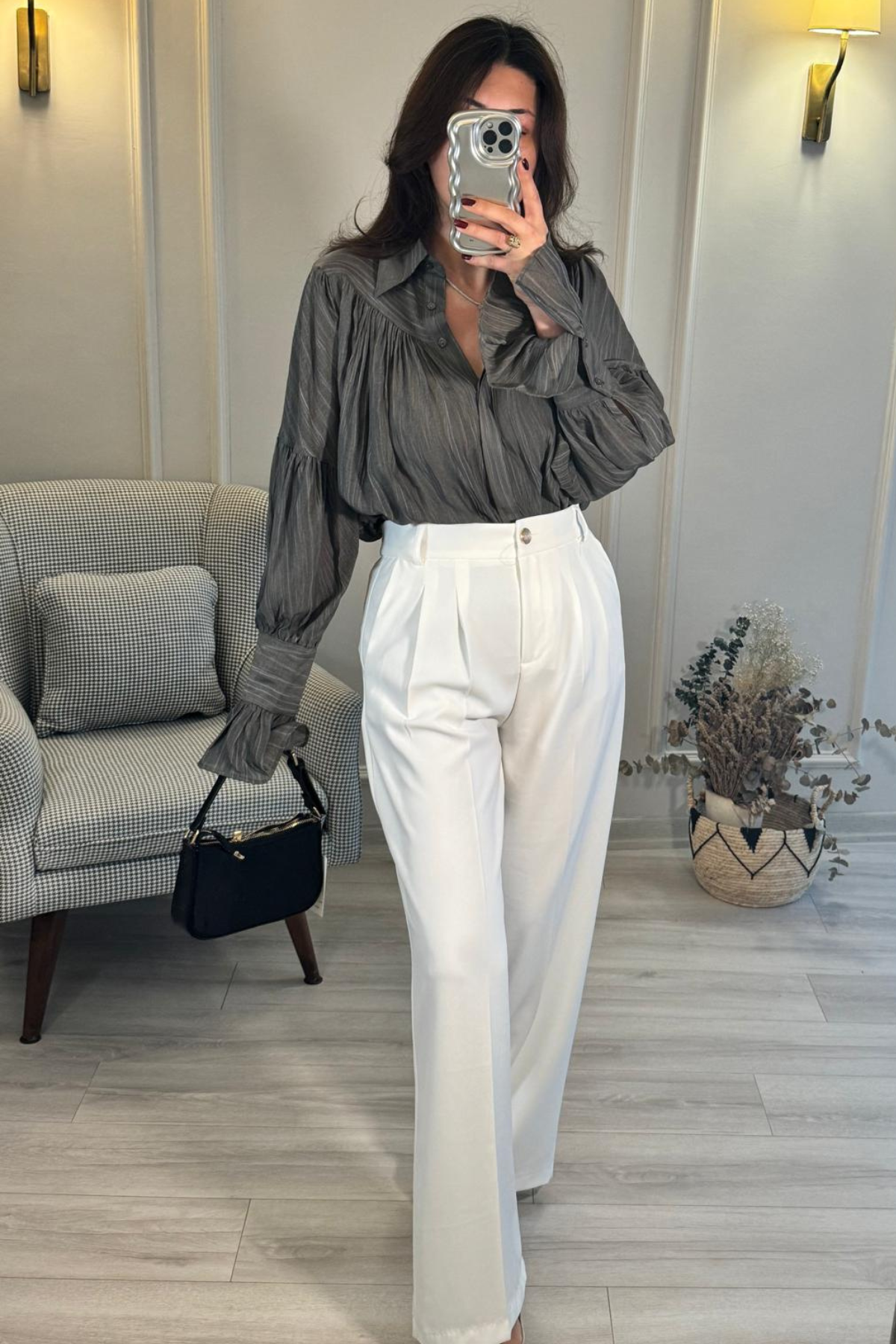 Kolları Volanlı Oversize Tasarım Gömlek Füme