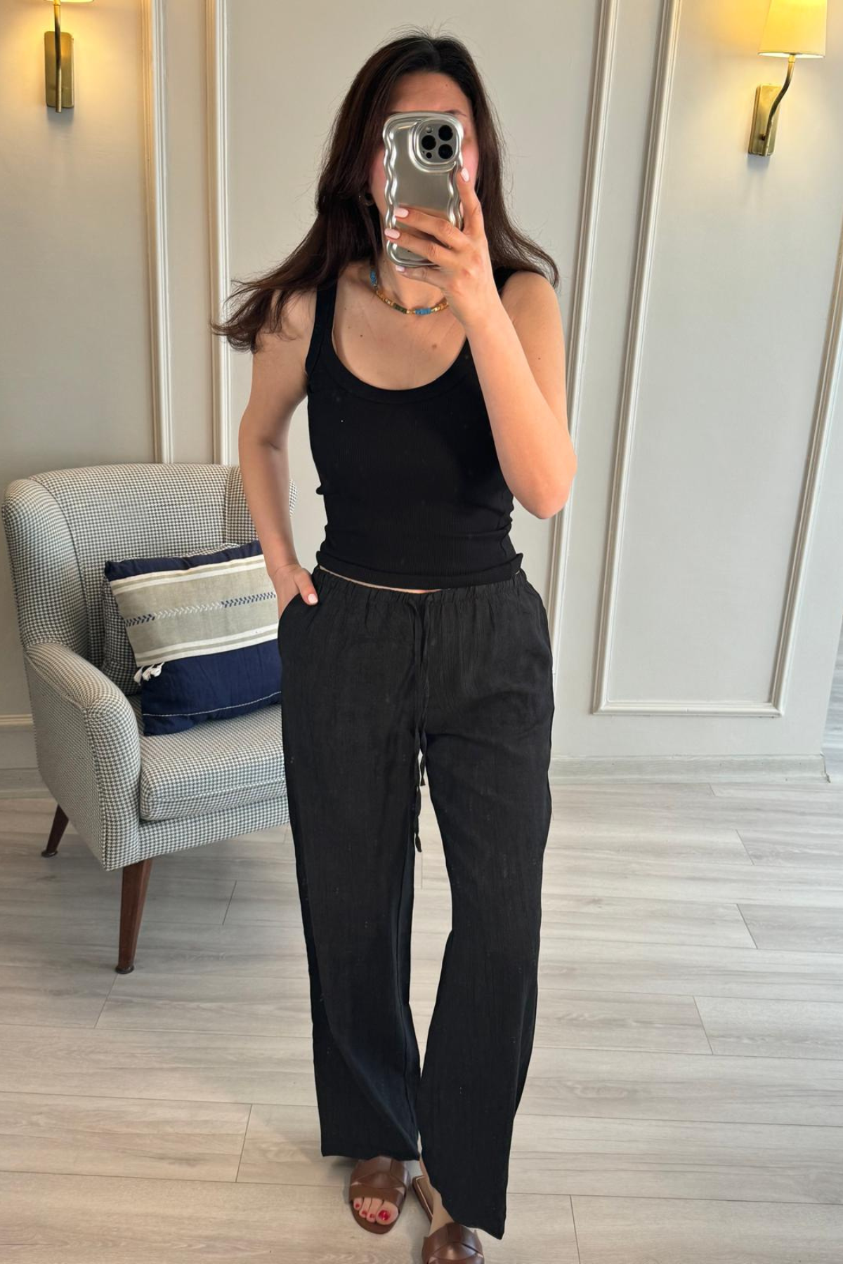 Krinkle Kumaş Beli Lastikli Pantolon Siyah