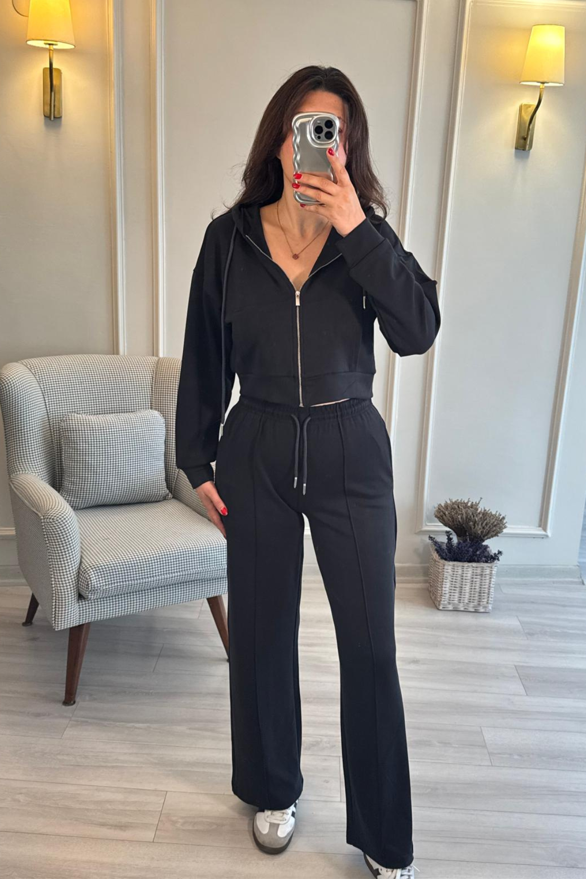 Modal Kumaş Kapüşonlu Crop Eşofman Takımı Antrasit