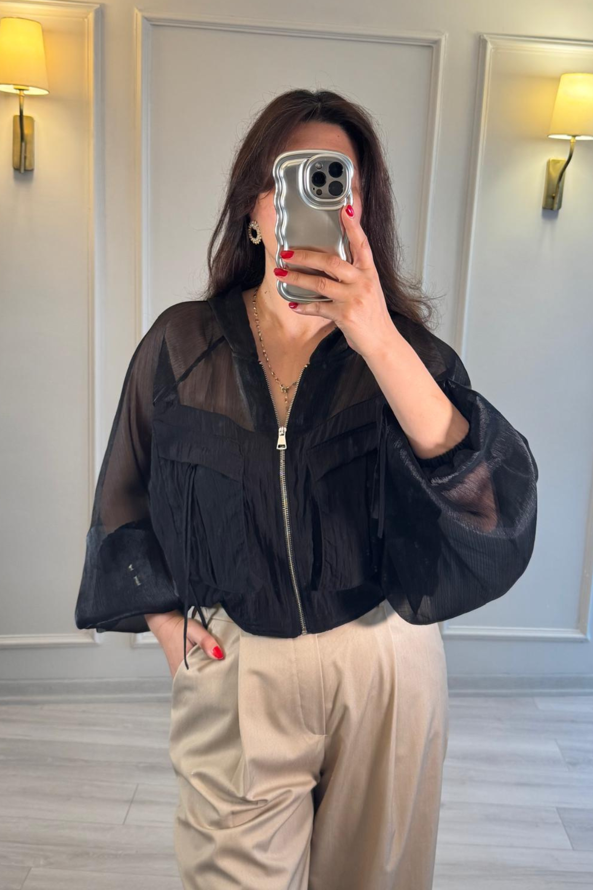 Organze Tül Bomber Ceket Siyah