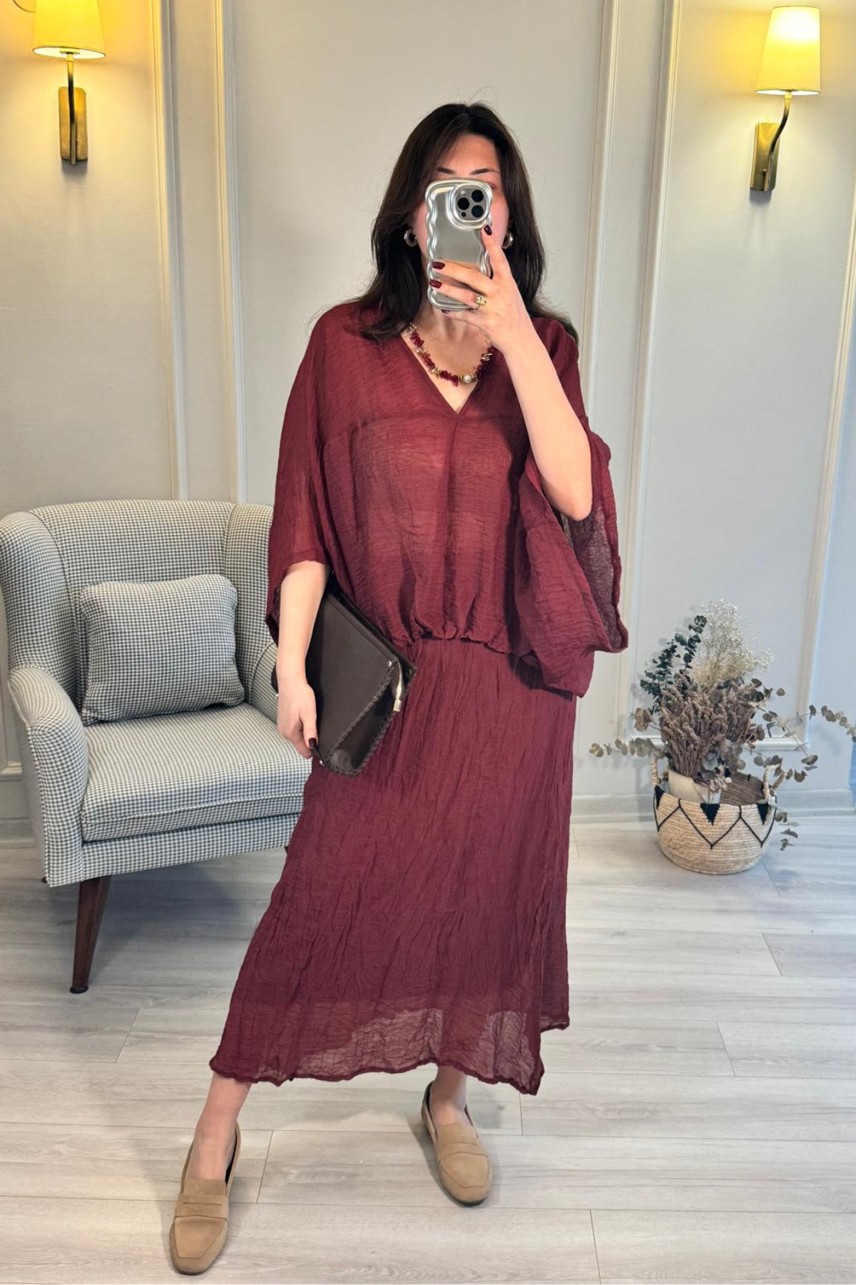 Oversize Bluz Etek Takım Bordo