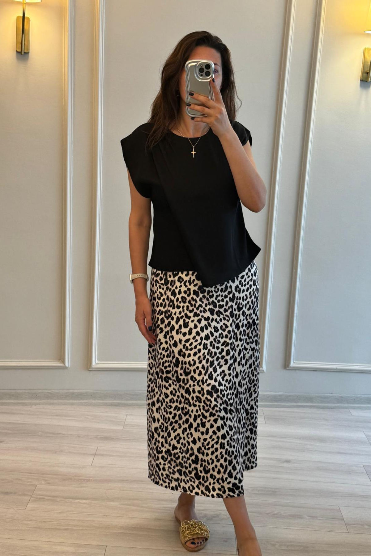 Saten Midi Etek Leopar Desenli