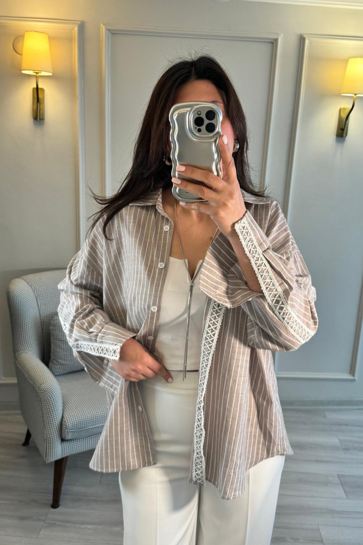 Tasarım Oversize Keten Gömlek Vizon