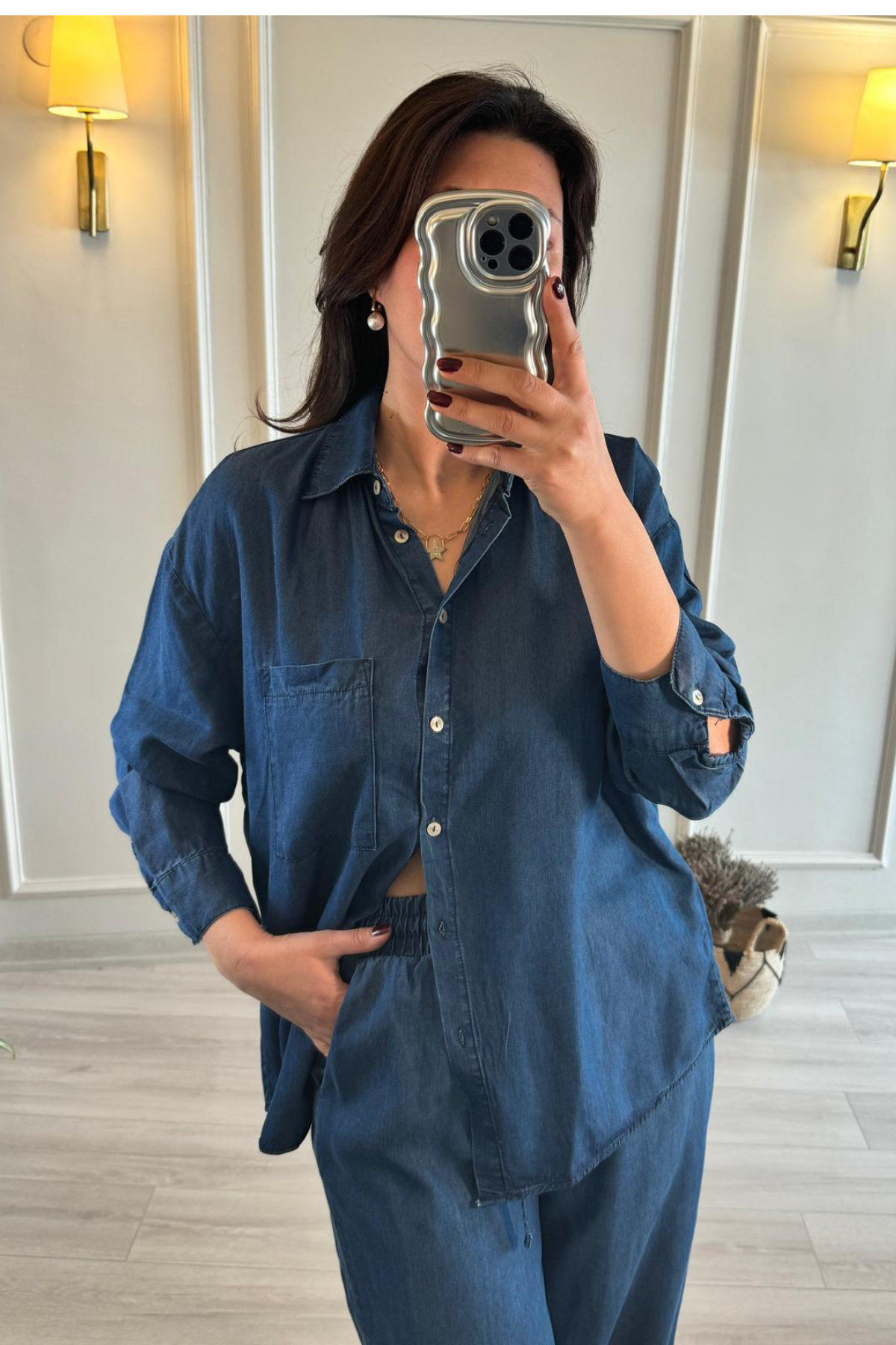 Tensel Kumaş Denim Alt Üst Takım Mavi