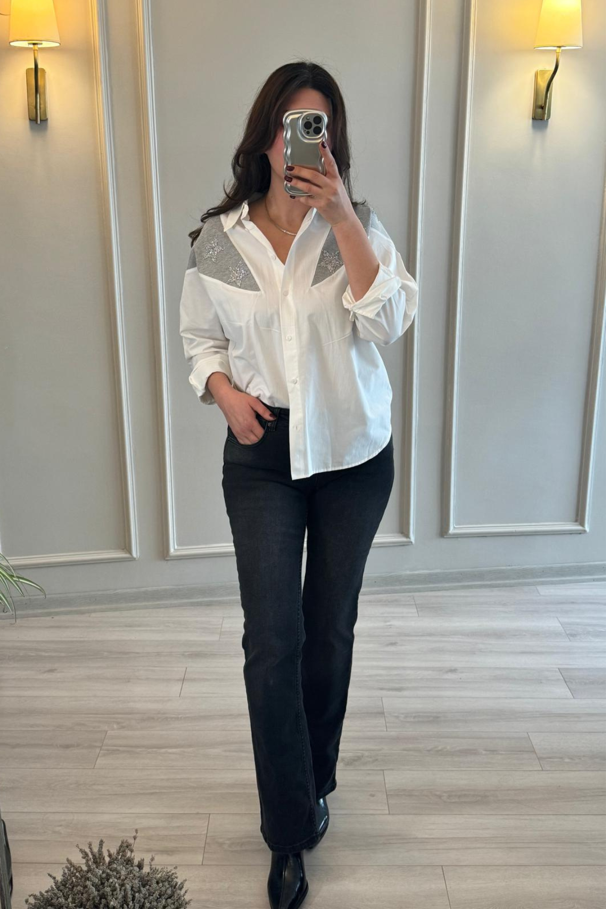Yıldız Detaylı Oversize Gömlek Beyaz