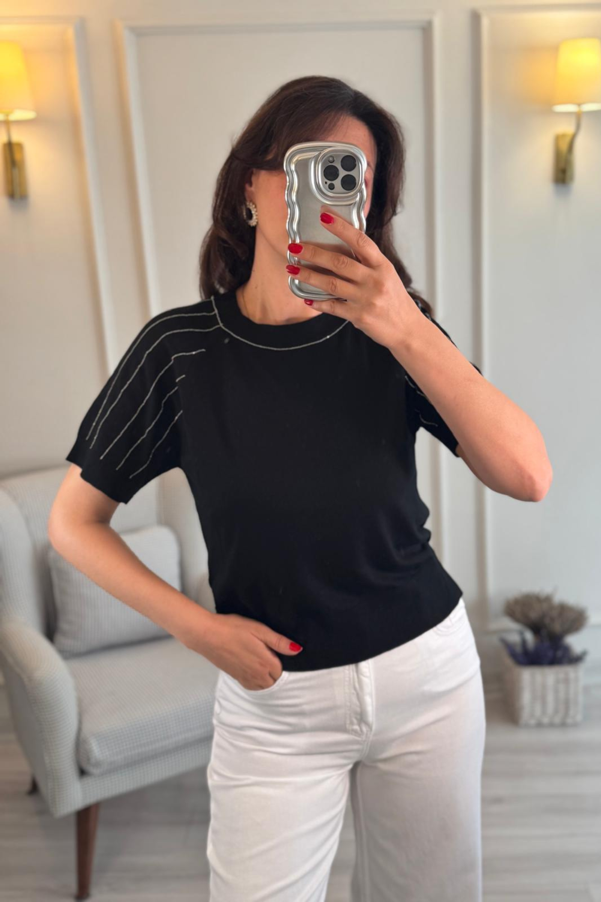 Zincir Detaylı İnce Triko Bluz Siyah