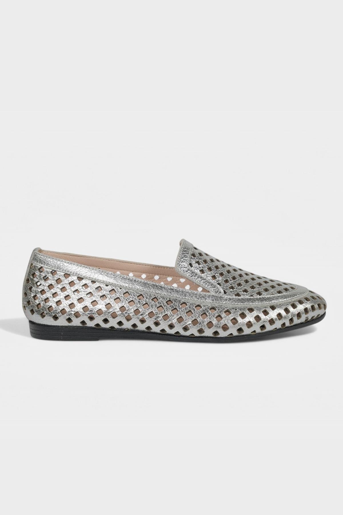 Glaza Kadın Gümüş Hakiki Deri Loafer Babet