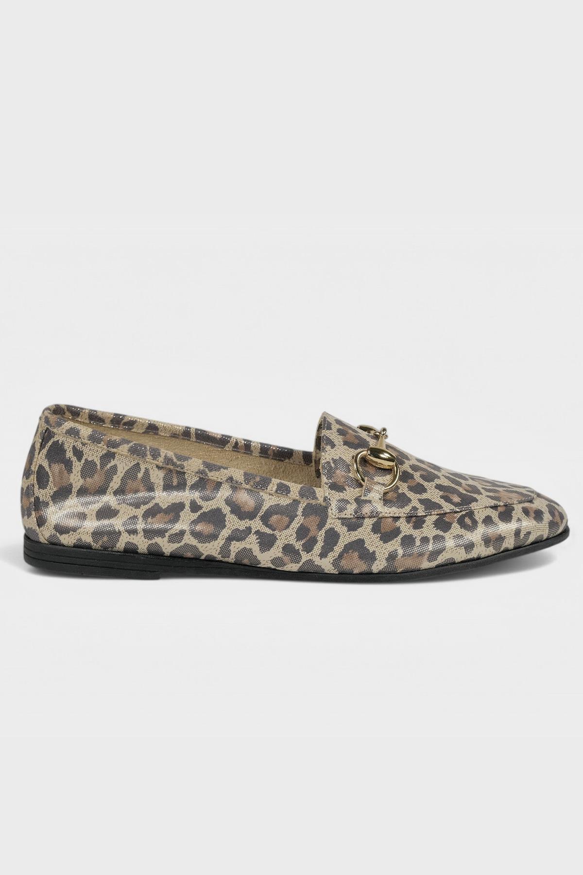 Glaza Kadın Leopar Baskı Hakiki Deri Loafer Babet
