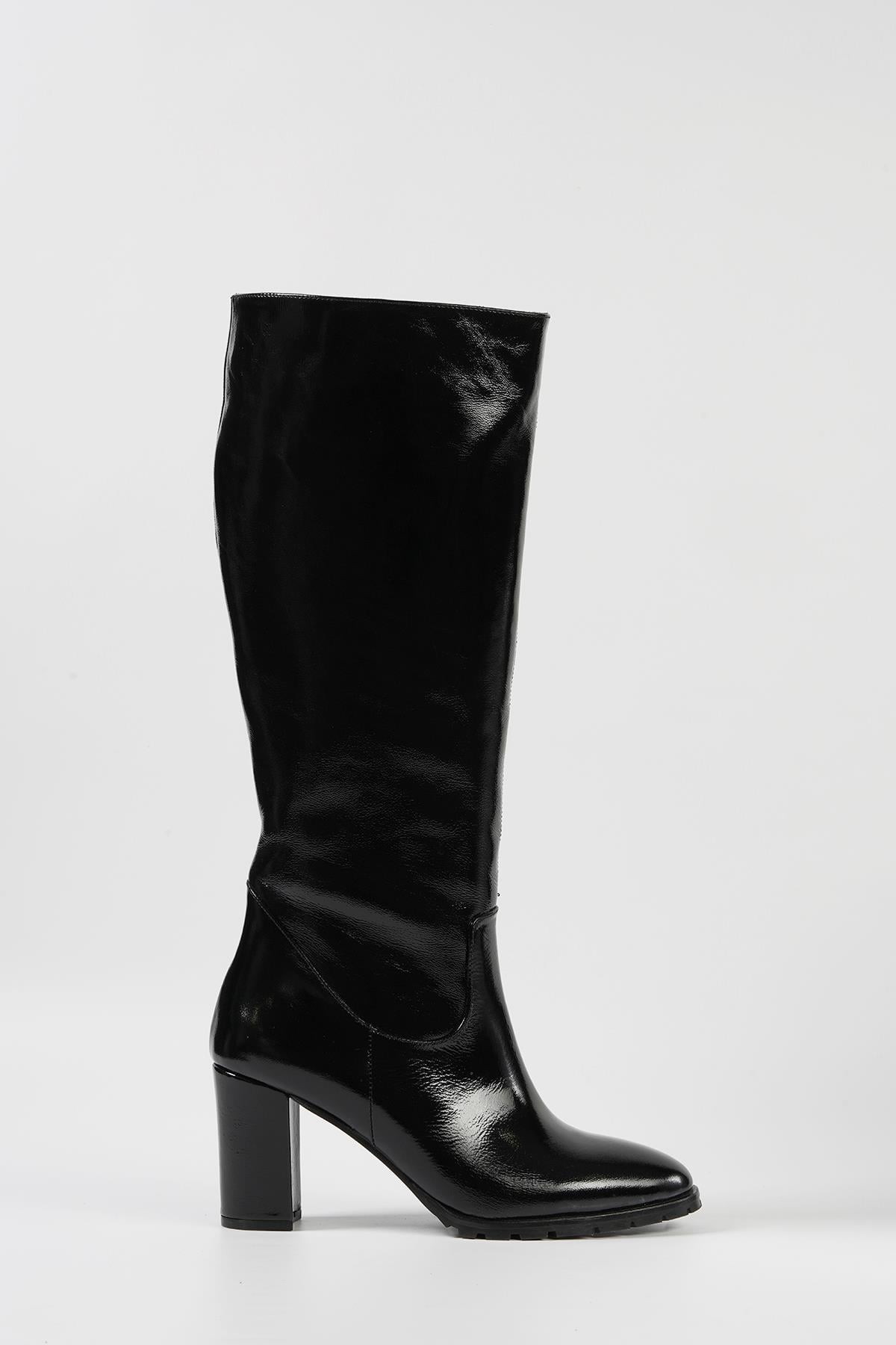 GLAZA Kadın Kırışık Siyah Rugan Hakiki Deri Çizme