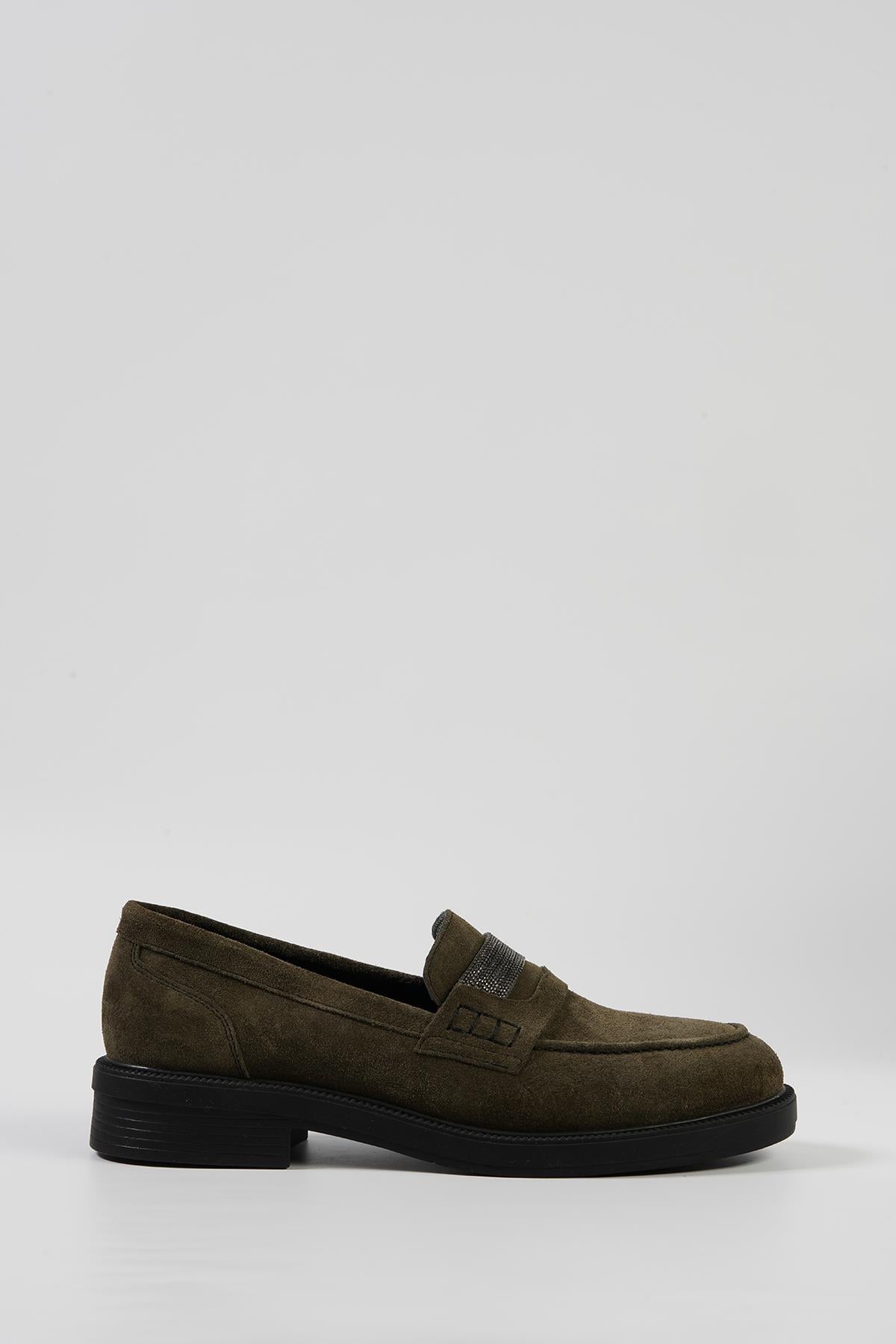 Haki Süet Kadın Loafer Ayakkabı