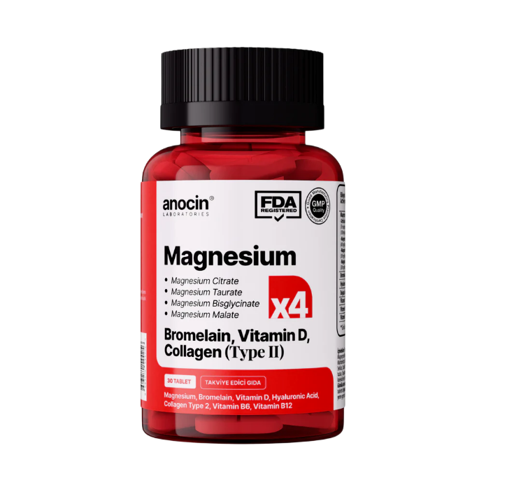 Anocin Magnezyum X4 - Sitrat, Taurat, Bisglisinat, Malat + Bromelain, D Vitamini, Kolajen (Tip 2), B6 Vitamini ve B12 Vitamini
