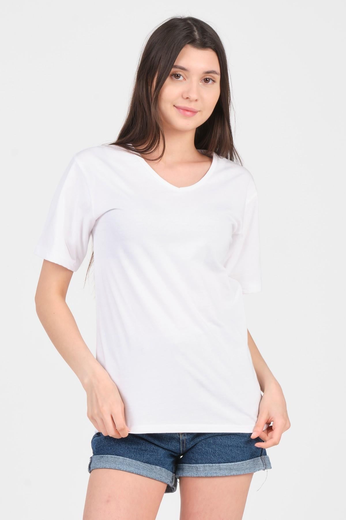 As Collection Beyaz V Yaka Kısa Kol Örme Kadın T-Shirt