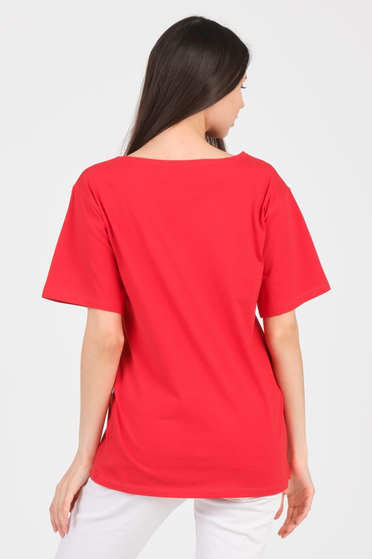 As Collection Kırmızı V Yaka Kısa Kol Boyfriend Kadın T-Shirt