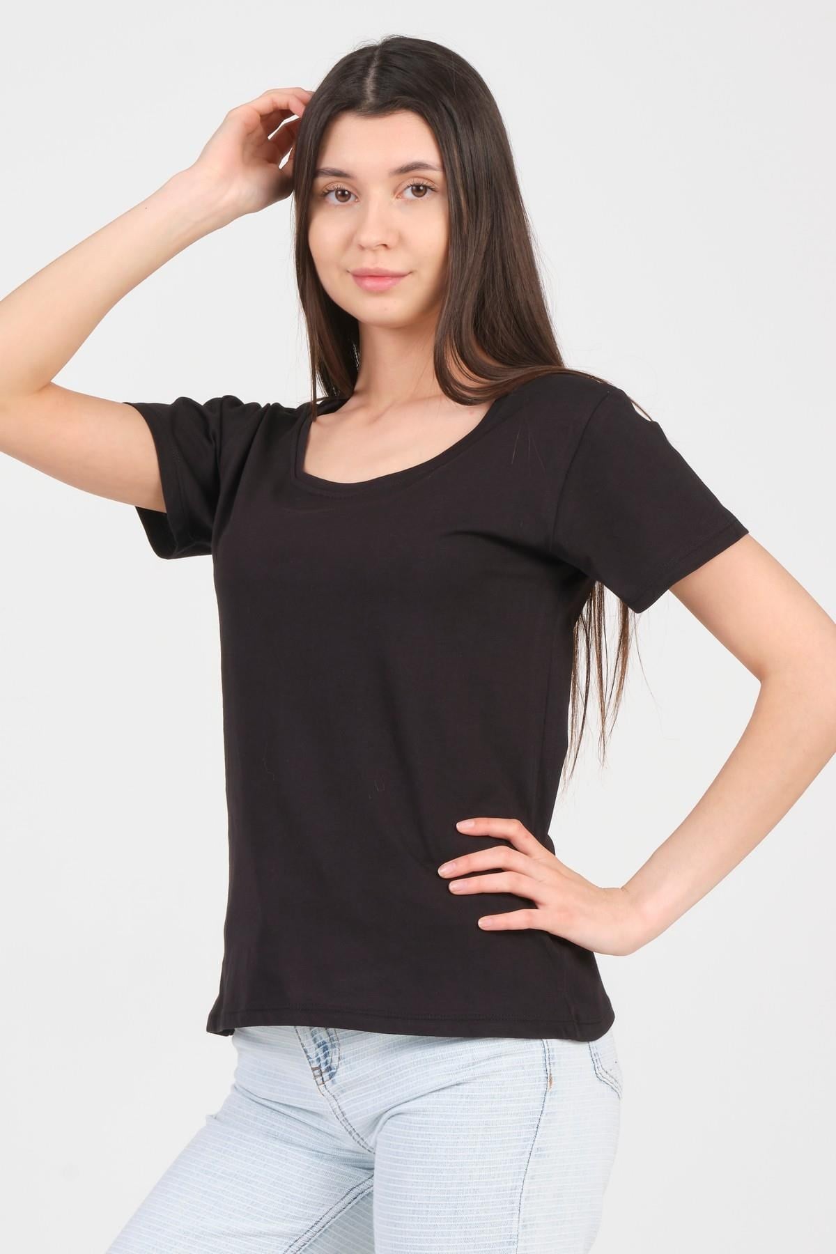 As Collection Siyah Kayık Yaka Kısa Kol Örme Kadın T-Shirt