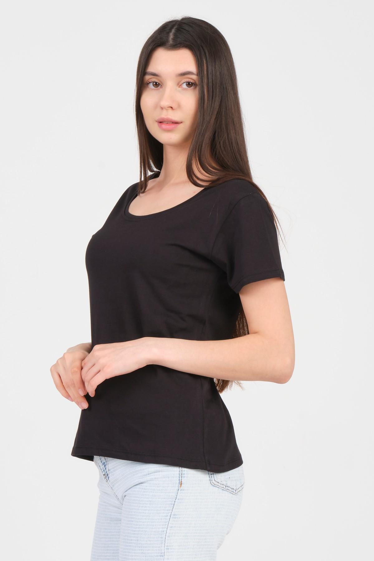 As Collection Siyah Kayık Yaka Kısa Kol Örme Kadın T-Shirt