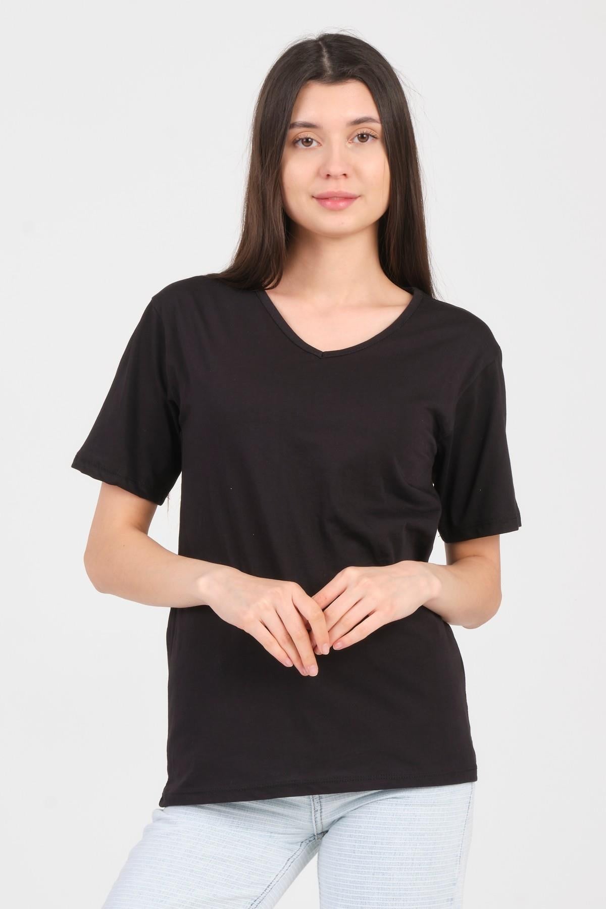 As Collection Siyah V Yaka Kısa Kol Örme Kadın T-Shirt