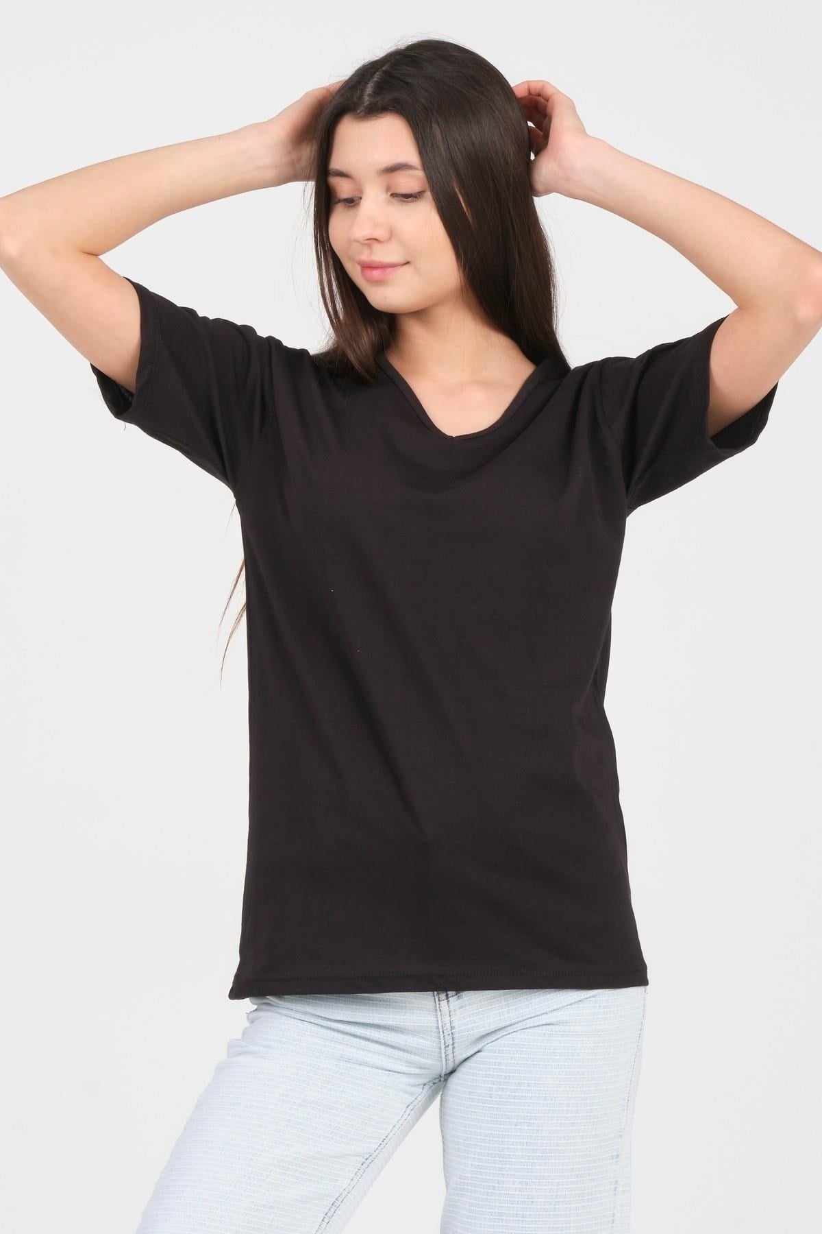 As Collection Siyah V Yaka Kısa Kol Örme Kadın T-Shirt