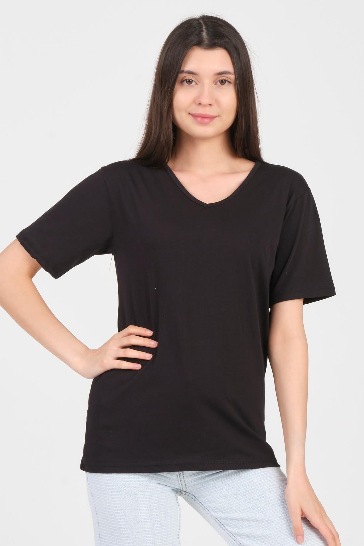 As Collection Siyah V Yaka Kısa Kol Örme Kadın T-Shirt