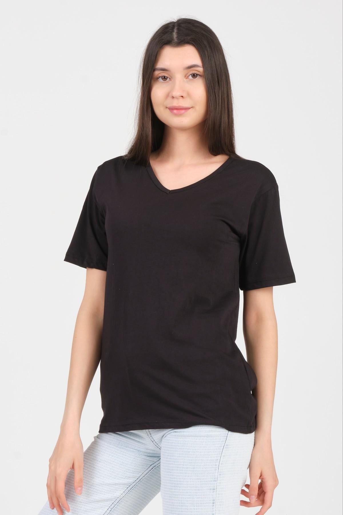 As Collection Siyah V Yaka Kısa Kol Örme Kadın T-Shirt