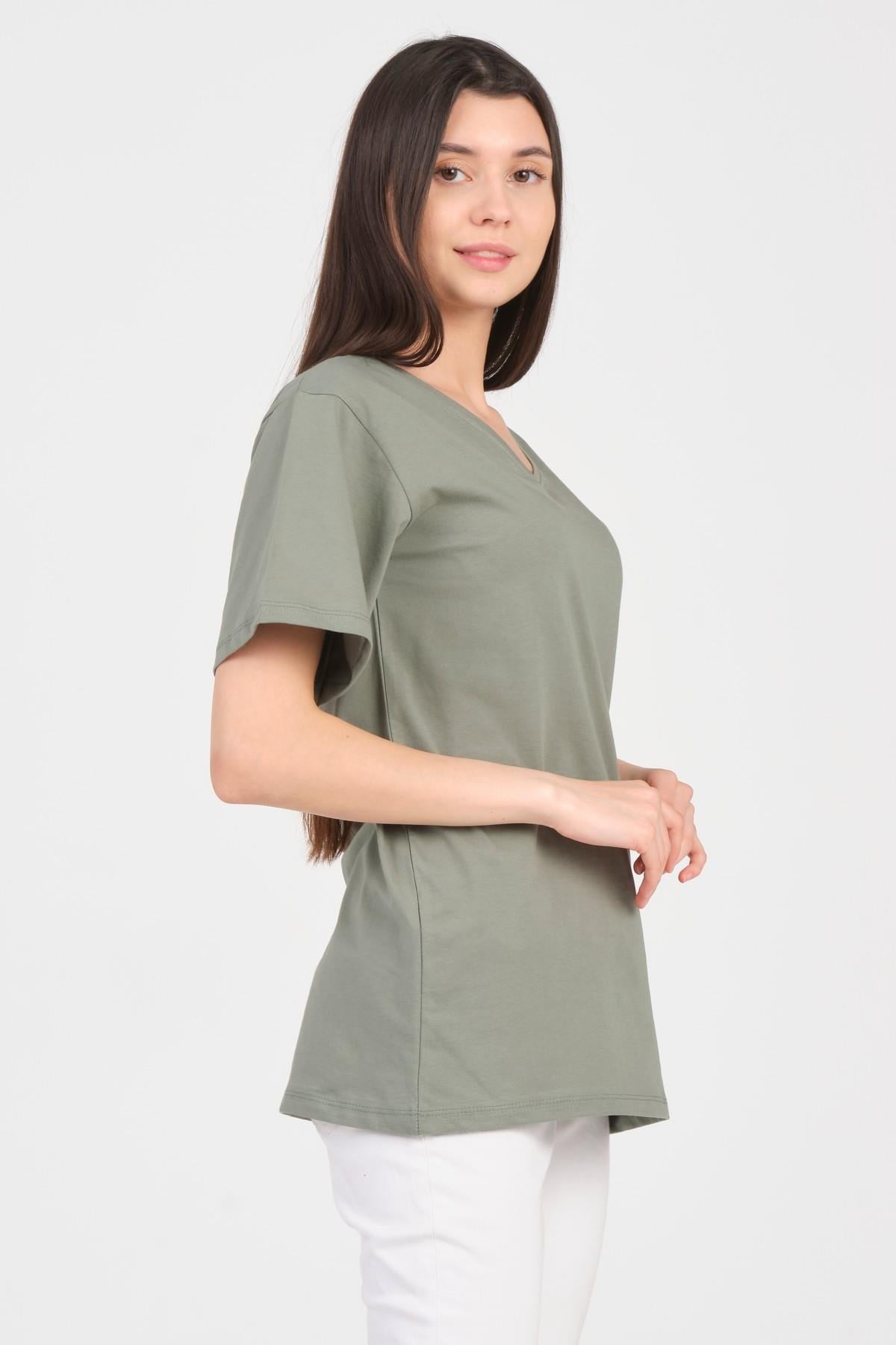 As Collection Yeşil V Yaka Kısa Kol Boyfriend Kadın T-Shirt