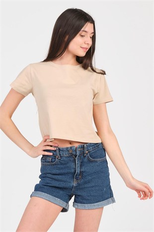 As Collection Bej Bisiklet Yaka Kısa Kol Örme Kadın Crop
