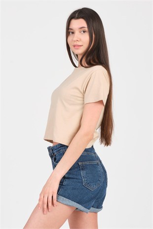 As Collection Bej Bisiklet Yaka Kısa Kol Örme Kadın Crop