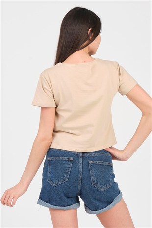 As Collection Bej Bisiklet Yaka Kısa Kol Örme Kadın Crop