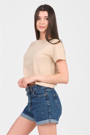 As Collection Bej Bisiklet Yaka Kısa Kol Örme Kadın Crop