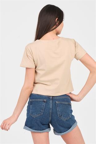 As Collection Bej Bisiklet Yaka Kısa Kol Örme Kadın Crop