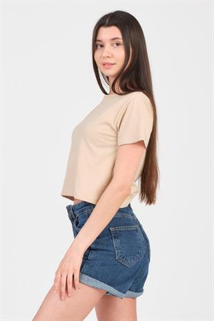 As Collection Bej Bisiklet Yaka Kısa Kol Örme Kadın Crop