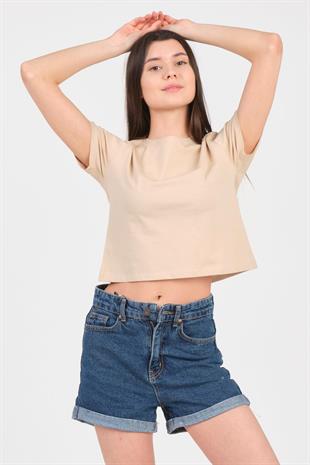 As Collection Bej Bisiklet Yaka Kısa Kol Örme Kadın Crop