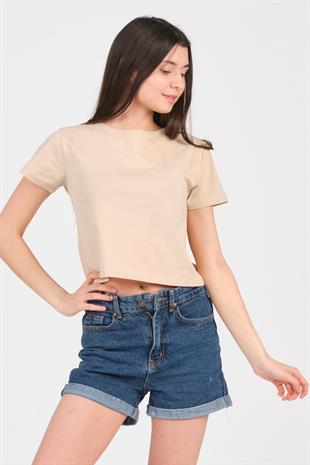 As Collection Bej Bisiklet Yaka Kısa Kol Örme Kadın Crop