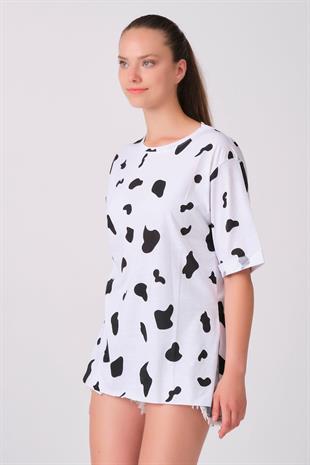 As Collection Beyaz Benek Desenli Kadın T-Shirt