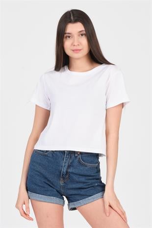 As Collection Beyaz Bisiklet Yaka Kısa Kol Örme Kadın Crop