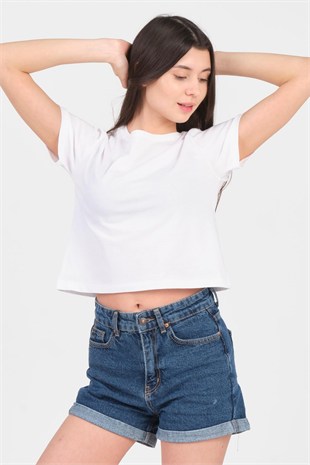 As Collection Beyaz Bisiklet Yaka Kısa Kol Örme Kadın Crop
