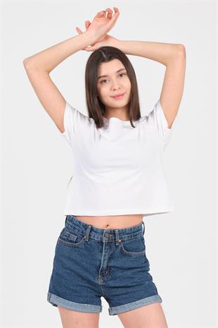 As Collection Beyaz Bisiklet Yaka Kısa Kol Örme Kadın Crop