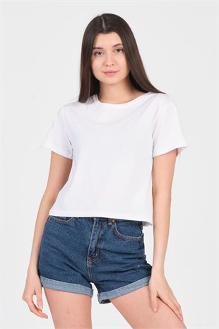 As Collection Beyaz Bisiklet Yaka Kısa Kol Örme Kadın Crop
