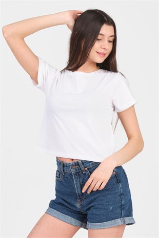 As Collection Beyaz Bisiklet Yaka Kısa Kol Örme Kadın Crop