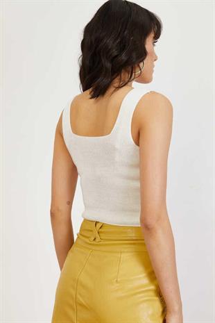 As Collection Beyaz Kare Yaka Likralı Fit Triko Kadın Crop Bluz