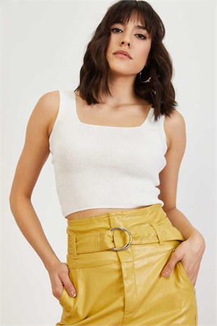 As Collection Beyaz Kare Yaka Likralı Fit Triko Kadın Crop Bluz