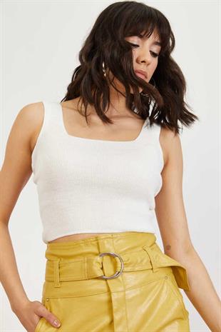 As Collection Beyaz Kare Yaka Likralı Fit Triko Kadın Crop Bluz